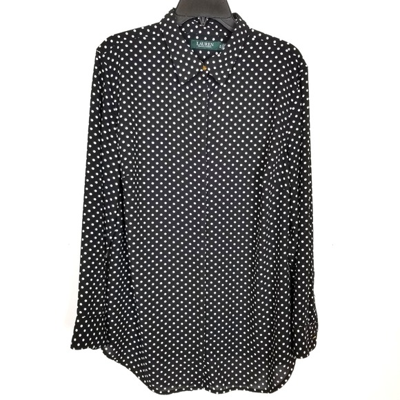 Lauren Ralph Lauren Women Polka-Dot Georgette Gutton Up Shirt Sz 1X Black - Picture 1 of 8